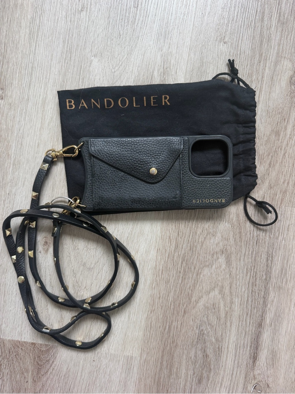 Bandolier Black Leather Phone Case with Studded Crossbody Strap and Card Pocket